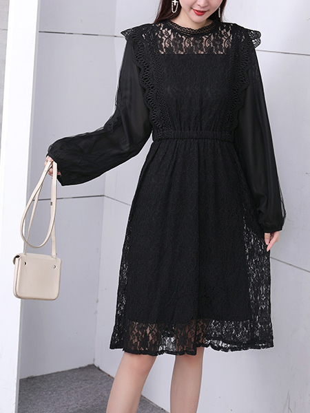 Black Long Sleeve Plus Size Above Knee Lace Dress for Party Evening Cocktail