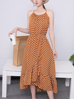 Orange Strap Midi Polkadot Dress for Casual Party Beach