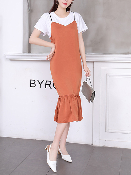 Orange and White Sheath Midi Dress for Casual Party