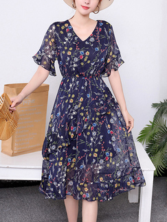 Blue and Colorful V Neck Midi Plus Size Fit & Flare Dress for Casual Party