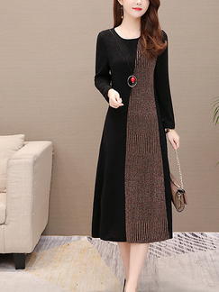 Black and Colorful Midi Long Sleeve Dress for Casual Evening Office