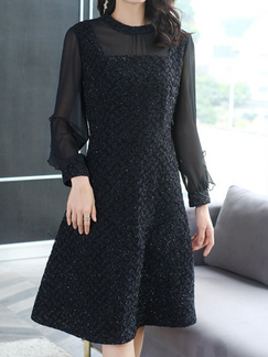 Black Fit & Flare Knee Length Plus Size Long Sleeve Dress for Casual Party Office Evening