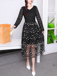 Black and Colorful V Neck Long Sleeve Fit & Flare Plus Size Dress for Casual Party Office Evening