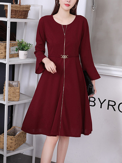 Wine Red Long Sleeve Fit & Flare Knee Length Plus Size Dress for Casual Party Office Evening