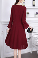 Wine Red Long Sleeve Fit & Flare Knee Length Plus Size Dress for Casual Party Office Evening