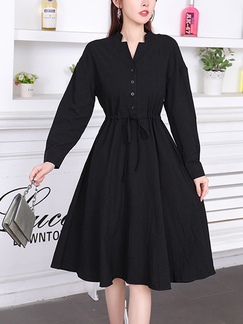 Black Button Down Ribbon Fit & Flare Knee Length Long Sleeve Dress for Casual Party Evening Office