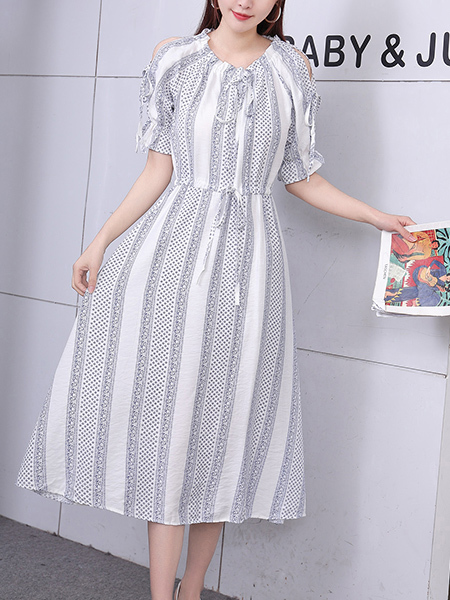 White and Blue Midi Fit & Flare Dress for Casual Party Beach Office