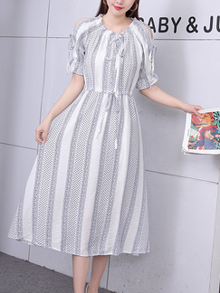 White and Blue Midi Fit & Flare Dress for Casual Party Beach Office