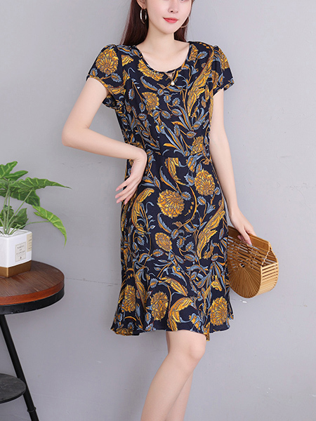 Navy Blue and Colorful Sheath Above Knee Plus Size Dress for Casual Party Office