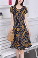 Navy Blue and Colorful Sheath Above Knee Plus Size Dress for Casual Party Office