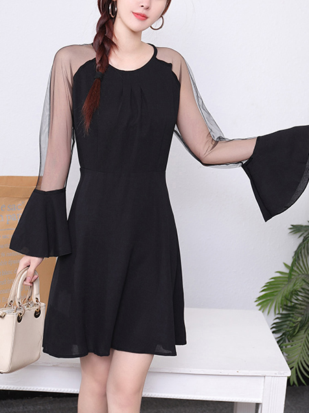 Black Fit & Flare Above Knee Long Sleeve Dress for Casual Party Evening