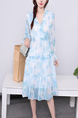 White and Blue Wrap Long Sleeve Midi Plus Size Dress for Casual Party Beach