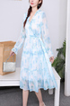 White and Blue Wrap Long Sleeve Midi Plus Size Dress for Casual Party Beach