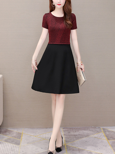 Wine Red and Black Fit & Flare Knee Length Plus Size Dress for Casual Party Office Evening