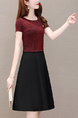 Wine Red and Black Fit & Flare Knee Length Plus Size Dress for Casual Party Office Evening