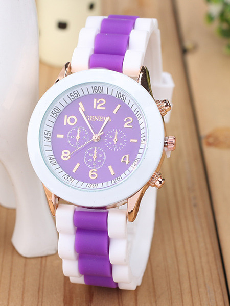 White and Violet Silicone Band Pin Buckle Quartz Watch