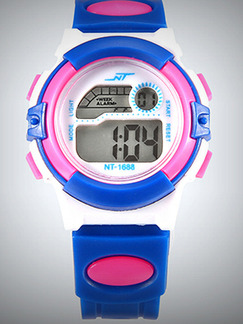White Blue and Pink Rubber Band Pin Buckle Digital Watch