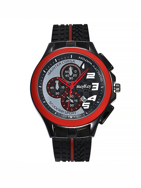 Black and Red Leather Band Pin Buckle Quartz Watch
