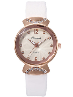 White Leather Band Rhinestone Quartz Watch