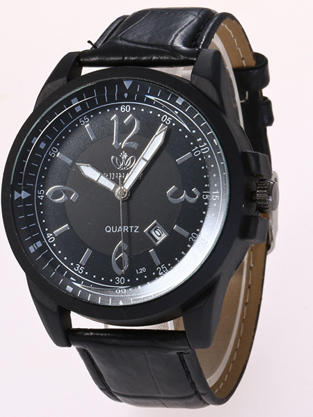 Black Leather Band Quartz Men Watch