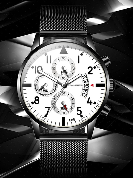 Silver Black Stainless Steel Band Quartz Men Watch