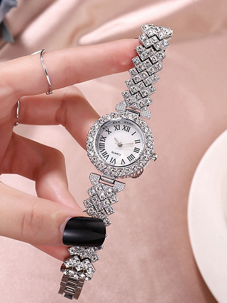 Silver Stainless Steel Band Rhinestone Quartz Watch