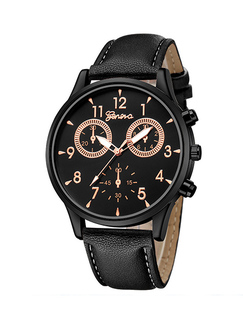 Black Leather Band Quartz Men Watch