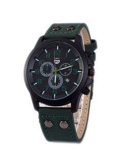 Green Leather Band Quartz Men Watch