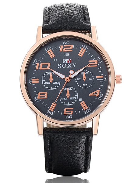 Black Leather Band Quartz Men Watch