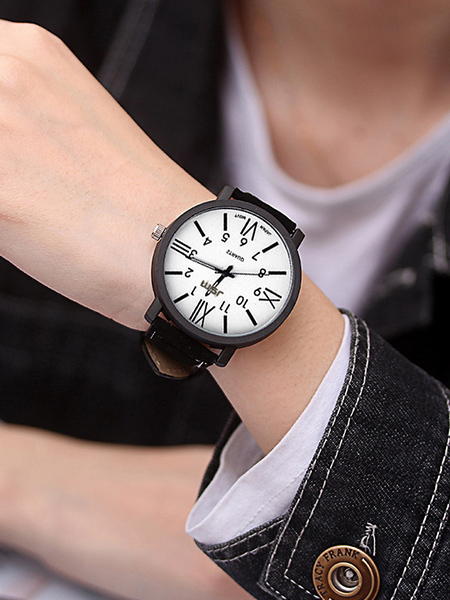 Black Leather Band Quartz Men Watch
