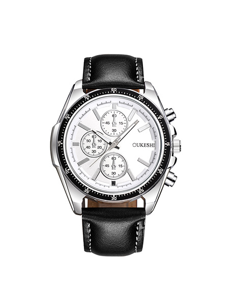 Black Leather Band Quartz Men Watch