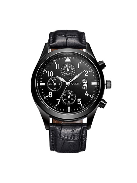 Black Leather Band Quartz Men Watch
