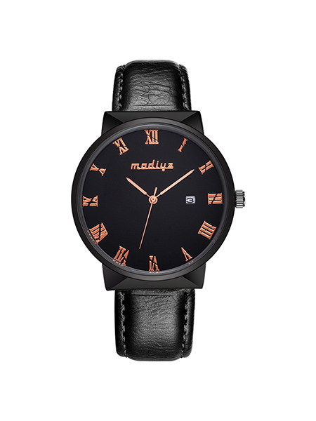 Black Leather Band Quartz Men Watch