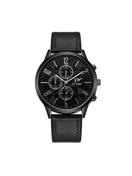 Black Leather Band Quartz Men Watch