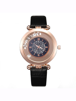 Black Leather Band Rhinestone Quartz Watch