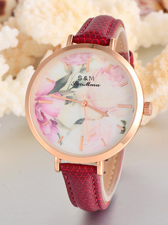 Red Leather Band Buckle Quartz Watch
