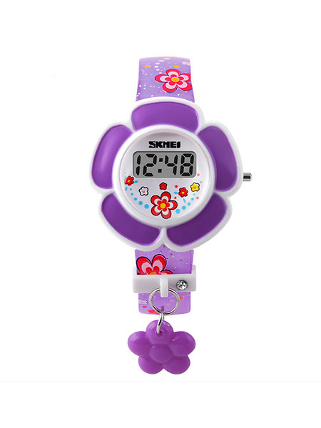 Violet Leather Band Pin Buckle Flower Shaped Digital Watch