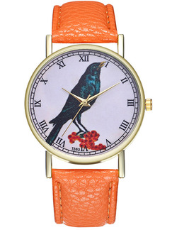 Orange Leather Band Pin Buckle Quartz Watch