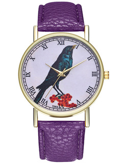 Purple Leather Band Pin Buckle Quartz Watch