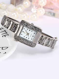 Silver Alloy Band Rhinestone Bracelet Quartz Watch