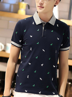 Blue and Grey Knitted Polo Contrast Linking Printed Men Shirt for Casual Party