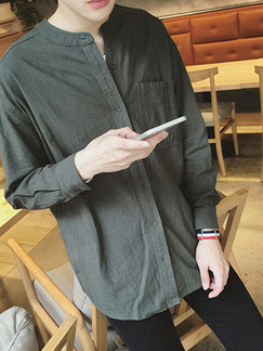 Grey Literary Stand Collar Shirt Button Up Long Sleeve Men Shirt for Casual Party