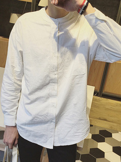 White Loose Stand Collar V Neck Placket Front Button Up Long Sleeve Men Shirt for Casual Party