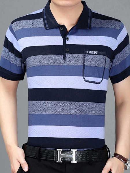 Blue Plus Size Polo Knitted Placket Front Stripe Men Shirt for Casual Office