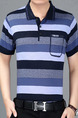 Blue Plus Size Polo Knitted Placket Front Stripe Men Shirt for Casual Office