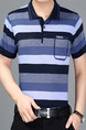 Blue Plus Size Polo Knitted Placket Front Stripe Men Shirt for Casual Office