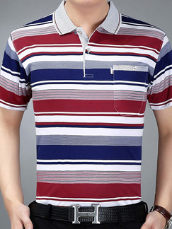 Red White and Blue Plus Size Polo Placket Front Knitted Stripe Men Shirt for Casual Office
