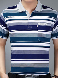 Blue and White Plus Size Polo Placket Front Knitted Stripe Men Shirt for Casual Office