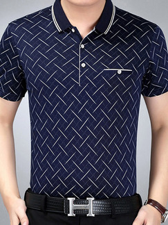 Blue Plus Size Polo Placket Front Knitted Printed Men Shirt for Casual Office