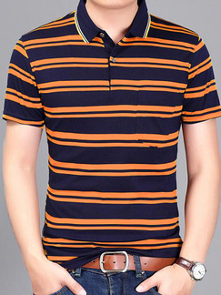 Orange and Blue Plus Size Polo Placket Front Knitted Stripe Men Shirt for Casual Office